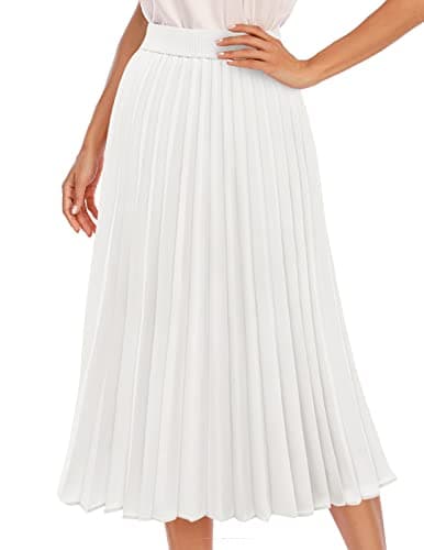 Image of DRESSTELLS White Pleated Midi Long Holiday Party Skirts for Women, Aline High Waisted Caual Office Work Flowy Chiffon Skirt 2025 L