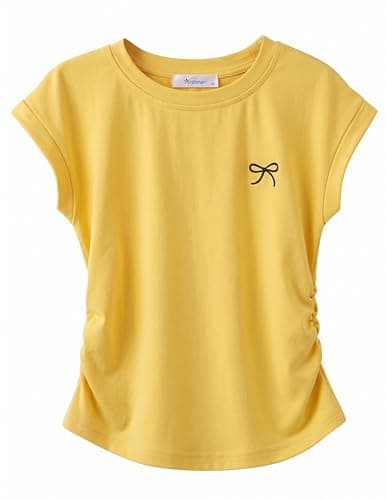 Image of Arshiner Girls T-Shirts Ruched Waist Top Summer Butterfly Print Solid Colour Round Neck Short Sleeve Tops Shirts Casual Summer Tees Yellow 140 9-10 Years