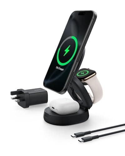 Image of Belkin MagSafe-Compatible Charger, 3-in-1 Convertible Wireless Charging Station, Qi2-Certified 15W Wireless Charger for iPhone 17, Air, Apple Watch, AirPods, Pixelsnap, 36W Plug Included - Black