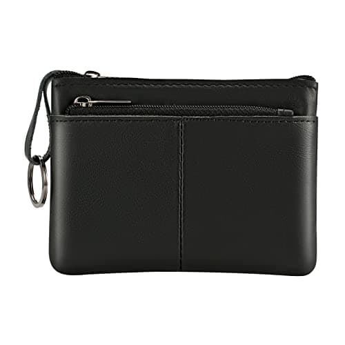Image of Lidwot Genuine Leather Coin Purse Wallet Mini Zip Change Purse Wallet Coin Pouch with Key Chain 3 Zippers, Black, Purse Coin Bag with Key Ring, 3 zips