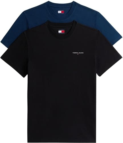 Image of Tommy Jeans Men's TJM Slim Linear Ss Tee 2Pck Ext Dm0Dm22316 S/S T-Shirt, Multi (Black/Dark Night Navy), M