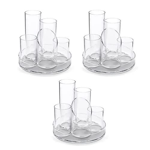 Image of Osco Clear Acrylic 5 Tube Pen Pot | 3 Pack | Desk Tidy | Pencil Holder | Office Organiser | Makeup Storage | Cosmetic Display | Stationery Sorter | H14.5 x W16 x D16 cm