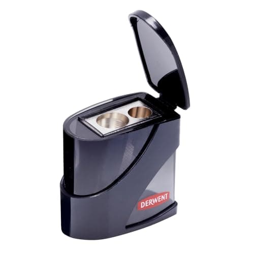 Image of Derwent Twin Hole Pencil Sharpener with Container, Double Hole Sharpener for Artist Sketching Pencils & Colouring Pencils, Two Hole Sizes 11.5 & 8.25mm, Strong Metal Pencil Sharpeners, Black, 2306123