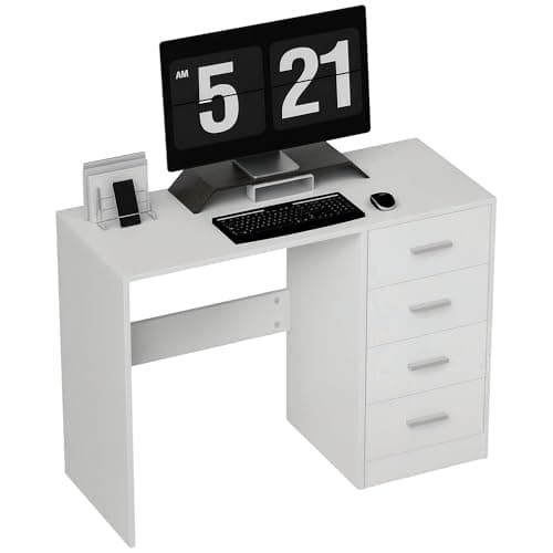 Image of HOMCOM Computer Desk with Drawers, Dressing Table, High Gloss Home Office Writing Workstation, White