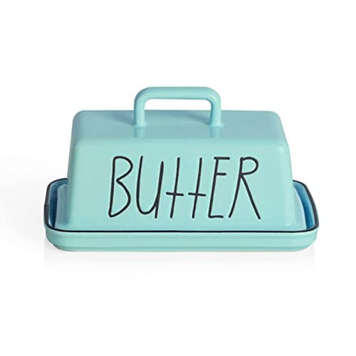Image of Sweejar Home Ceramic Butter Dish with Handle Lid, 18 cm Porcelain Large Butter Keeper with Cover, Perfect for East/West Butter (Turquoise)