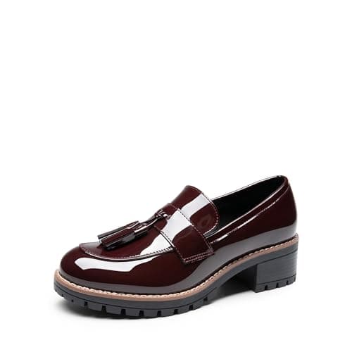 Image of DREAM PAIRS Womens Loafers, Slip On Platform Chunky Penny Heeled Lug Sole Loafers for Women Dressy and Work, Business Casual Shoes for Women,Size 6,Burgundy-Pat,SDLS2404W