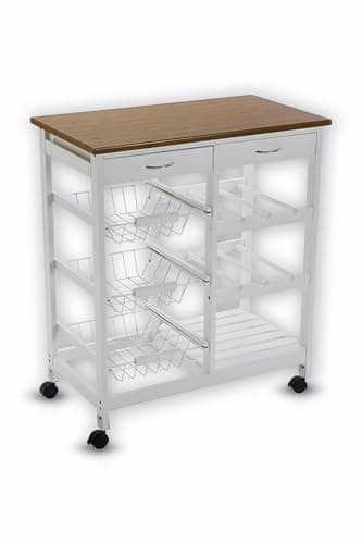 Image of HYGRAD Kitchen Trolley MDF Top sland Dining Cart Worktop Basket Storage Lockable Wheels Rolling Kitchen Portable Island Kitchen Trolley with Drawers and Open Shelf (White)
