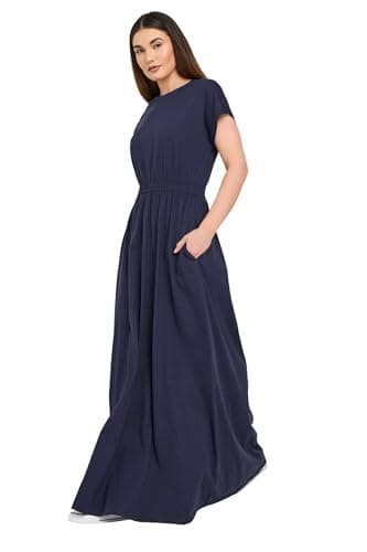 Image of Long Tall Sally - LTS Tall Blue Jersey Shirred Waist Cotton Maxi Dress - Women's