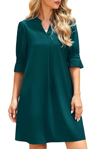 Image of Enmain Dresses for Women Summer Casual Knee Length Midi Shift Dress Elegant V Neck Short Sleeve Teal Sundress with Pockets S