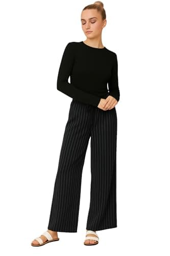 Image of Women's Girls Stripe Trousers Wide Leg Straight Pants Loose Fit Casual Formal Elasticated Waist Flared Palazzo (Black Stripe, L27, 4XL)