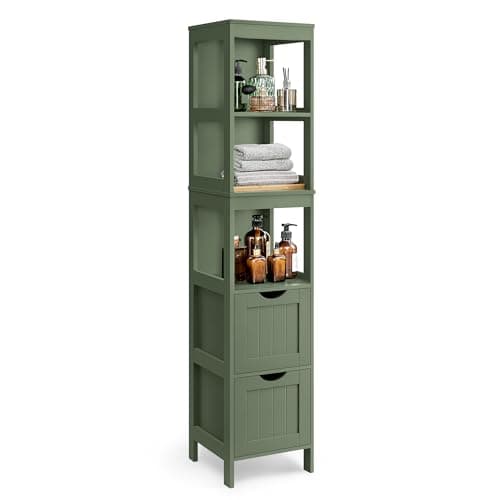 Image of VASAGLE Bathroom Floor Cabinet, Freestanding Bathroom Storage Unit, with 2 Drawers, 3 Open Compartments, for Bathroom, Living Room, Kitchen, Modern Style, Forest Green BBC066C01