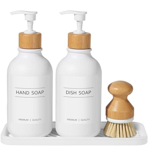 Image of GMISUN Hand and Dish Soap Dispenser Set with Tray for Kitchen Sink, 500 ML White Hand Wash Bottle for Bathroom with Bamboo Pump and Dish Brush, Farmhouse Lotion Washing Up Liquid Detergent Dispensers