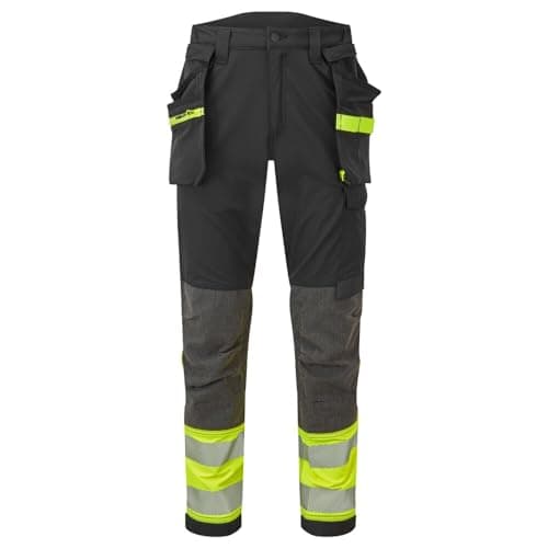 Image of Portwest EV442 EV4 Hi-Vis Stretch Water Resistant Work Trousers with Detachable Holster Pocket - Reflective Breathable High Visibility Workwear, Yellow/Black, 33
