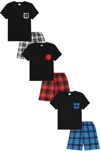 Image of ThePyjamaFactory Boys Black and White Black and Red Black and Blue Check Pocket 3 Pack Short Pyjamas PJs For Kids (12-13 Years)