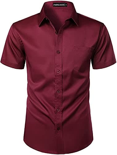 Image of PARKLEES Mens Casual Urban Stylish Slim Fit Short Sleeve Button Up Dress Shirt with Pocket Burgundy L