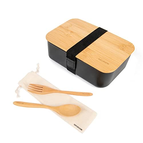 Image of Naturoom Bento Lunch Box For Adults/Kids, including 1 Food Container with 1 Divider, 1 Wooden Cutlery Set (1 Fork&1 Spoon) with 1 Cotton Pouch and 1 bamboo Chopping Board Lid, BPA Free.