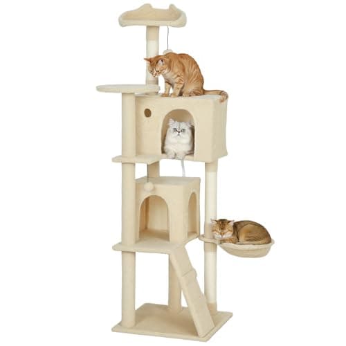 Image of PawHut 160cm Cat Tree, Multi-Level Large Cat Tower with 3 Sisal Scratching Posts, Condos, Plush Perches, Hammock, Ladder, Dangling Balls, Kitten Activity Centre for Kittens Playing Relaxing, Beige