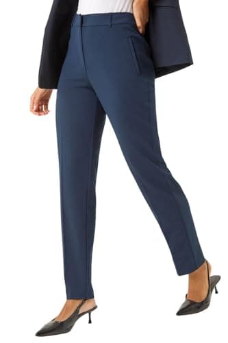 Image of Roman Straight Leg Stretch Trousers for Women UK Ladies Work Office Smart Suit Pants Slacks Cigarette Tailored High Elasticated Waist Ankle Grazer Slim Angela - Long Navy (31 inch) - Size 18