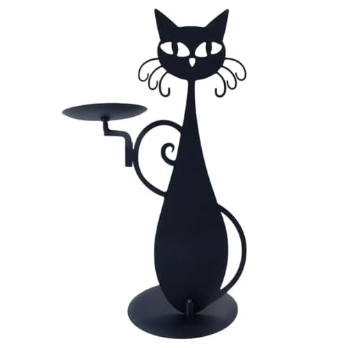 Image of Hoite Black Cat Candle Holder with Tray,Vintage Candle Holder, Iron Chassis Home Metal Cat Decoration, Romantic Date Decoration