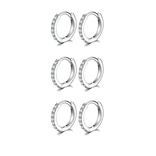 Image of Silver Hoops Earrings for Women, 925 Sterling Silver Post Small Silver Hoop Earrings with AAA Cubic Zirconia, 3 Pairs Small Sleeper Hoops Huggie Hinged Earrings (9.5mm*3)