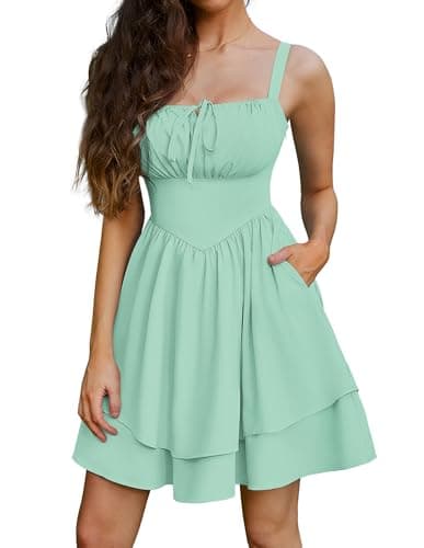 Image of SCARLET DARKNESS Women Summer Mini Dresses Spaghetti Strap Corset Dress Beach Sundress Victorian Milkmaid Dress Light Green S