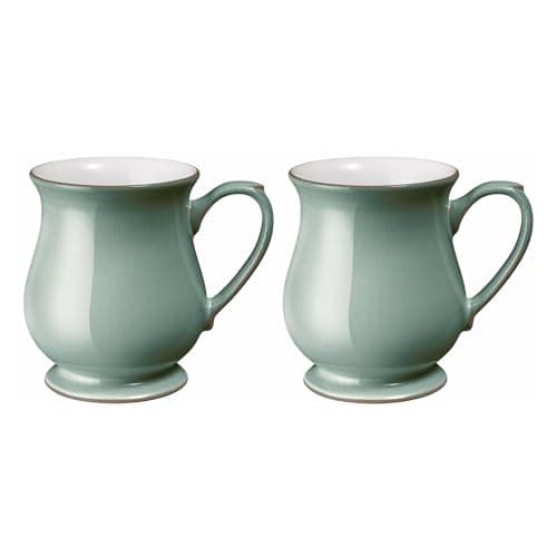 Image of Denby - Regency Green Craftmans Coffee Mug Set of 2 - 340ml Stoneware Ceramic Curved Tea Mug Set For Home & Office - Dishwasher Safe, Microwave Safe - Green, White - Chip Resistant
