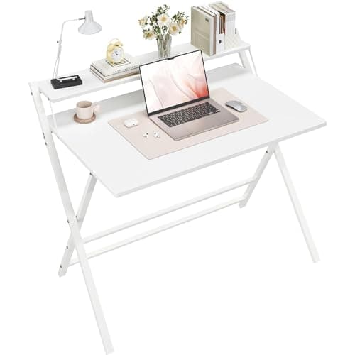 Image of Yaheetech Foldable Desk with Monitor Stand,100 cm Computer Desk for Small Spaces,2-Tier Folding Table for Home, Office, School, Dormitory,Easy Assembly(White)