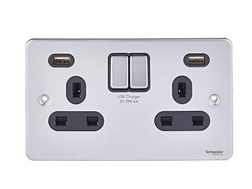 Image of Schneider Electric Ultimate Low Profile - Switched Double Power Socket, 13A With 2 4A USB Charging Ports, GGBGU3524DBBC, Brushed Chrome With Black Insert
