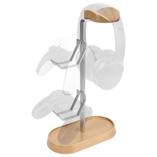 Image of GEEKRIA 2-in-1 Headphone Stand & Controller Holder for Gaming Desk Setup, Beech Wood & Aluminum Headset Hanger, Desktop Organizer for PS5 PS4 Xbox One Nintendo Switch, Fits Most Headphones
