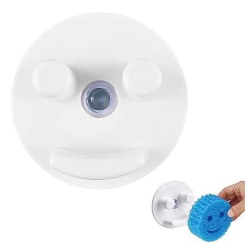 Image of Scrub Sponge Holder for Kitchen Sink, Smiley Face Sponge Holder with Strong Suction Cup, Durable Plastic Scrub Caddy for Round Sponges, Space-Saving Sink Organizer for Daddy and Mommy Sponges, White