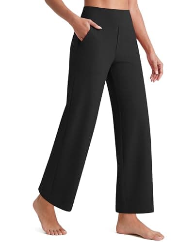 Image of G4Free Wide Leg Trousers for Women UK Ankle Length Yoga Pants with Pockets High Waisted Petite Stretch Trousers Short Leg Casual Travel Dress Pants(Black,L,27.5")
