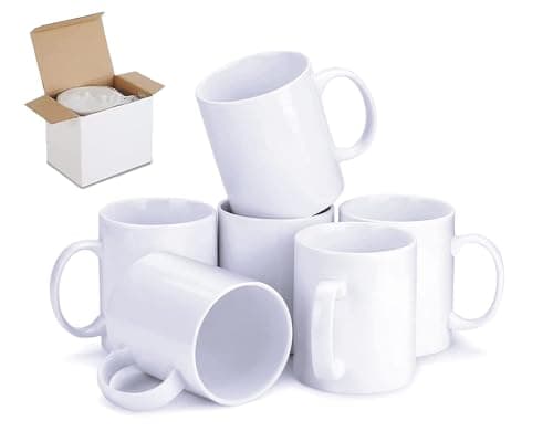 Image of FR Enterprises Large White Sublimation Mugs Pack of 6-11 oz Plain Coffee Mug with Handle - Classic Ceramic Mugs Used as Personalised Mugs, Tea Mug with Smash Proof Gift Boxes - Home and Office Mugs