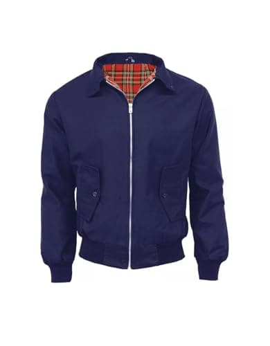 Image of Fashion Force Men's Harrington Jacket Classic Retro Scooter Style Bomber Coat with Tartan Check Lining, Cotton Blend Casual Jacket – Size 5XL, Navy