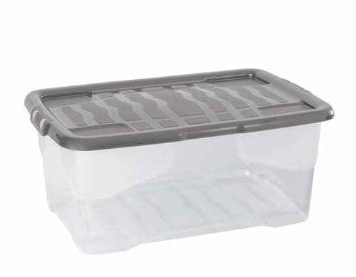 Image of Strata 4 x 42 Litres Curve Plastic Stackable Storage Box & Lid with clip-on lids, 4 Pack, Multi storage box for home and office storage solution Clear Box, Grey Lid, (25cm H x 40cm W x 60cm D)