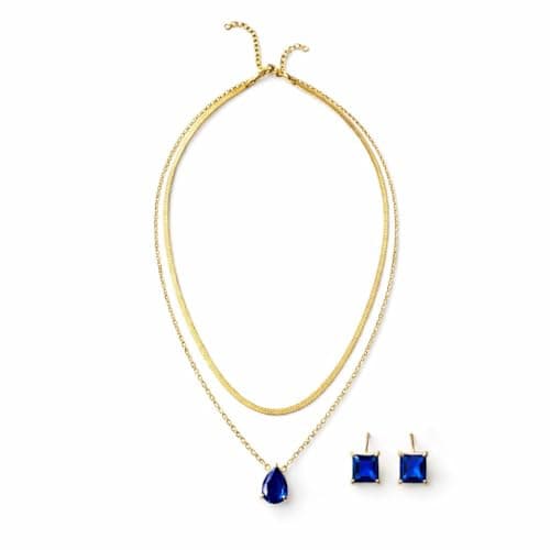 Image of Birthstone Jewellery Set for Women – 18K Gold Plated 2 Layer Pendant Necklace Set (Snake Chain & Teardrop Pendant) & Rectangular Stud Earrings – Sapphire September Birthday Gift with Suede Pouch