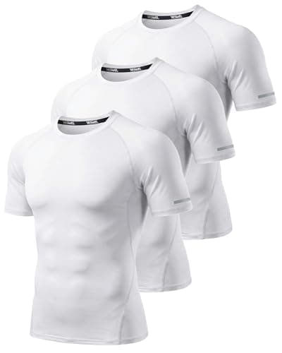 Image of YESWEL 3 Pack Mens Compression Gym T-Shirts Polyester Short Sleeve Quick Dry, Moisture Wicking Breathable Workout Athletic Tops (White L)