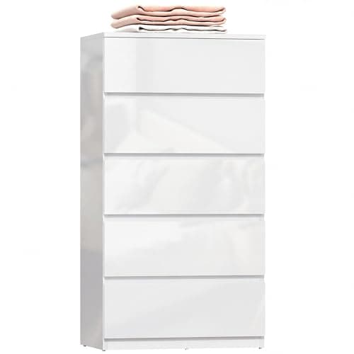 Image of HOMCOM Chest of Drawers, 5 Drawers Storage Cabinet Floor Tower Cupboard for Bedroom Living Room, High Gloss White