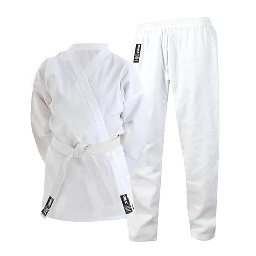 Image of Cimac Karate Gi - White - 200g Karate Suit, Student Training & Sparring Uniform with Elasticated Waistband, Made from Lightweight Polycotton, Comes with a Belt, 160cm