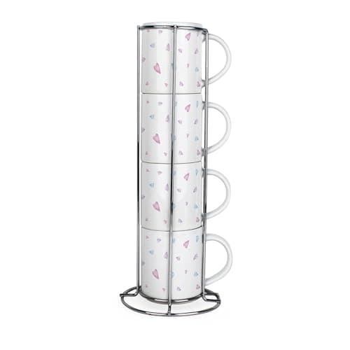 Image of Purely Home Blue & Pink Hearts Stacking Mugs Set - Pretty Love Themed Cups Gifts for Couples - Set of 4 Small Ceramic Mugs Gift Set with Metal Stand