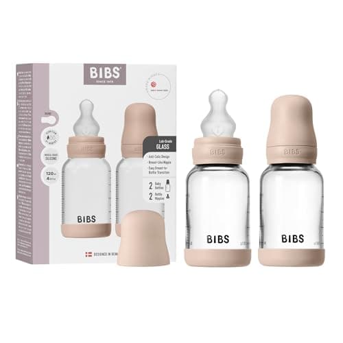 Image of BIBS Baby Glass Bottle 2-Pack 120ml. Anti-Colic. Vented Round Silicone Nipple. Supports Natural Breastfeeding, Complete Set - 120 ml (Pack of 2), Blush