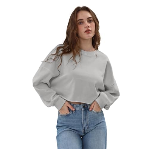Image of Amazhiyu Womens Cropped Hoodie, Long Sleeve Oversize Soild Crewneck Sweatshirts, Pullover for Fall Spring UK Grey M