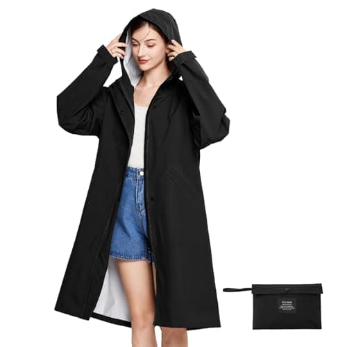 Image of LAMA Womens Long Raincoat, Waterproof Reusable Jackets Hooded Rain Coat with Carry Bag, Ladies Lightweight Raincoat Windbreak Outdoor Coats Black L