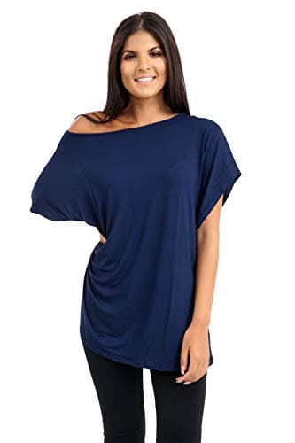 Image of janisramone® Women's Off The Shoulder Batwing Top, Bardot Baggy Style Oversized T Shirt for Women - New Plain Fashionable Ladies Tops for Casual & Party Wear Navy