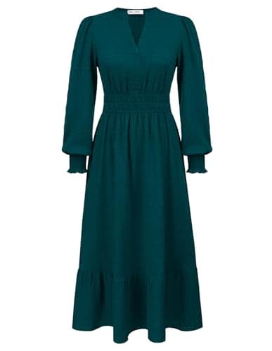 Image of GRACE KARIN Women Casual Elegant Henley V-Neck Dress for Women UK Long Sleeve Wrinkle Elastic Waist A-Line Maxi Dresses with Side Pockets Wine Green Blue M