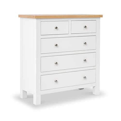 Image of RoselandFurniture Farro White Chest of Drawers for Bedroom Tall Contemporary 2 Over 3 Solid Wood Painted Storage Chest with Oak Top | Fully Assembled