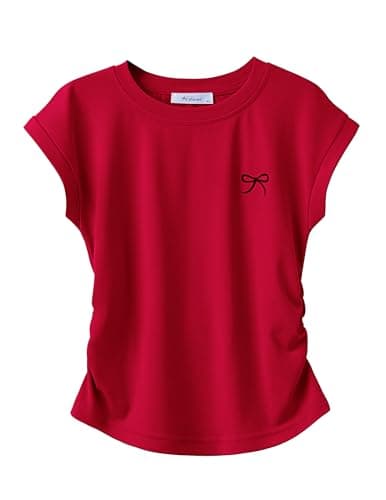 Image of Arshiner Girls T-Shirts Summer Ruched Waist Top Shirt Short Sleeve Round Neck Tops Butterfly Print Solid Shirts Casual Tees Red 150 10-11 Years