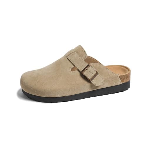 Image of Genuine Leather Clogs for Women Shoes - Memory Foam Insole, Non-Slip & Natural Cork Footbed Arch Support Big Buckle Clogs and Mules for Women Men Footwear