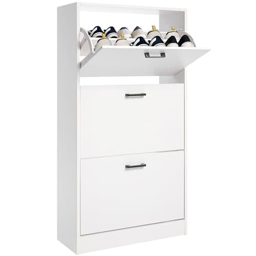 Image of Blisswood White 3 Drawer Shoe Cabinet Cupboard, Pull Down Shoe Storage Organiser Wooden Furniture Unit, Space Saving 3 Tier Shoe Rack Cabinet Footwear Stand for Living Room Hallway Furniture