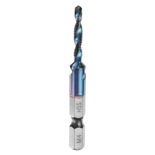 Image of sourcing map Combination Drill and Tap Bit, Metric M4 x 0.7 Thread 1/4" Hex Shank, Blue Nano Coated Threading Screw Taps Spiral Flute Drilling Tapping Tool, High Speed Steel (HSS) 4341