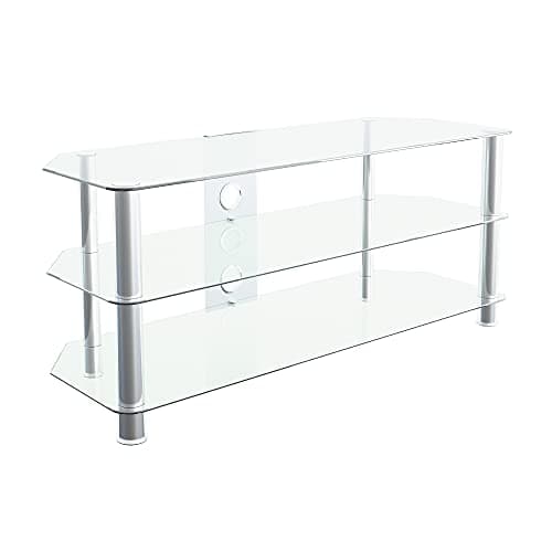 Image of MAHARA Corner TV Stand – Universal TV Unit 114cm wide with Clear Glass Shelves and Cable Management – TV Floor Stand Suitable for up to 55” TVs and Max Weight 45Kg